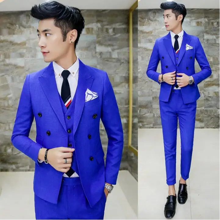 (Блейзер + брюки жилет) Классический мужской костюм тонкий королевский синий