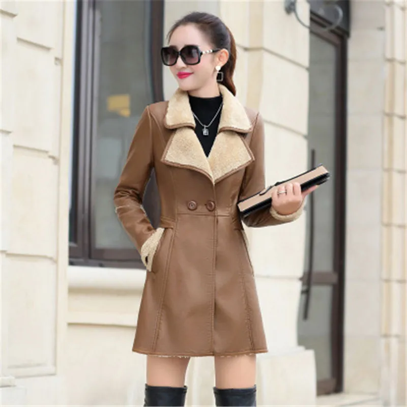 

Women's 2018 autumn and winter fashion long-sleeved long straight straight solid color leather warm padded leather coat G95