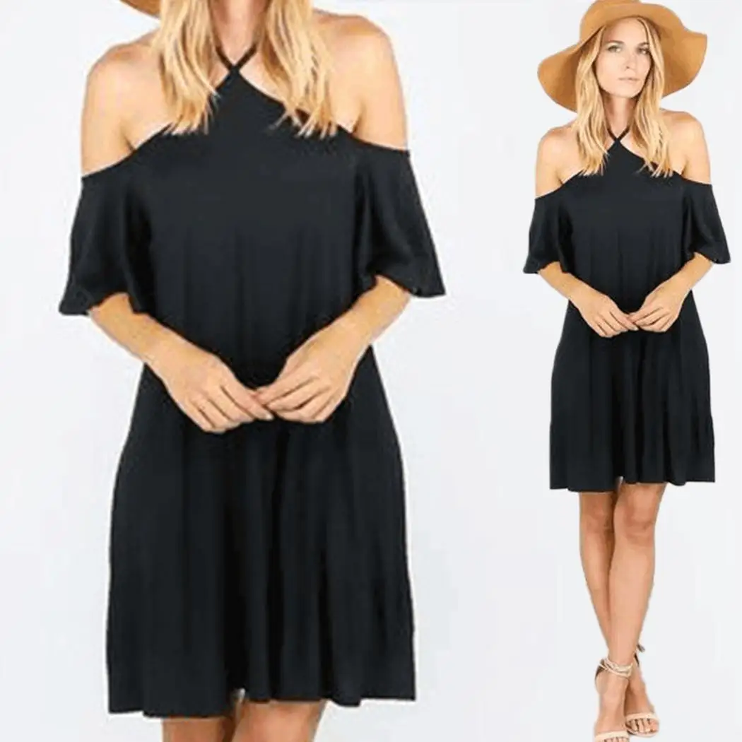 Женское повседневное однотонное подвесное мини-платье с открытой спиной и