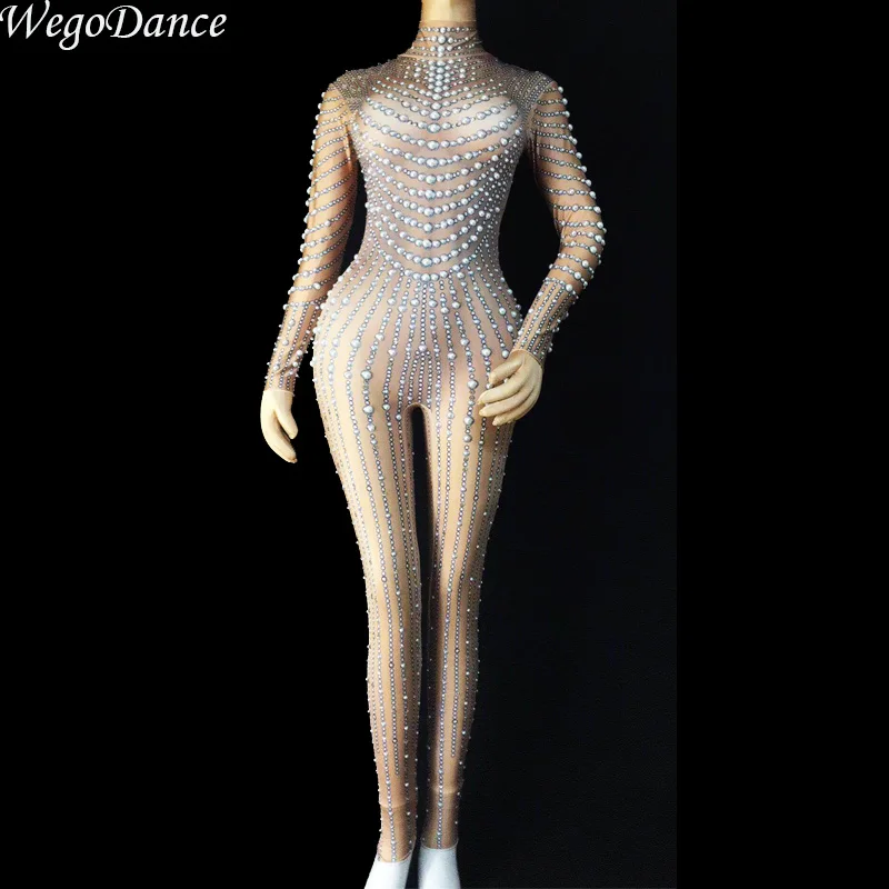 

new sexy 3d print pearl fashion rhinestone bodysuit nightclub bar DJ dancer performance suit women freeshipping