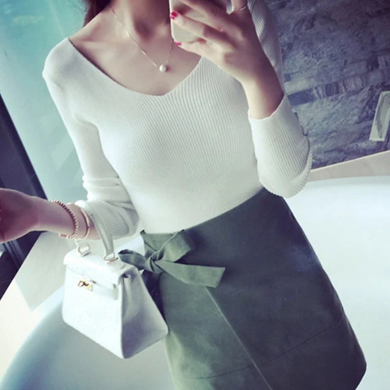 Newly Women V-neck Knitwear Long Sleeve Sweater Casual Slim Fit Tops Autumn Oufits DO99 | Женская одежда