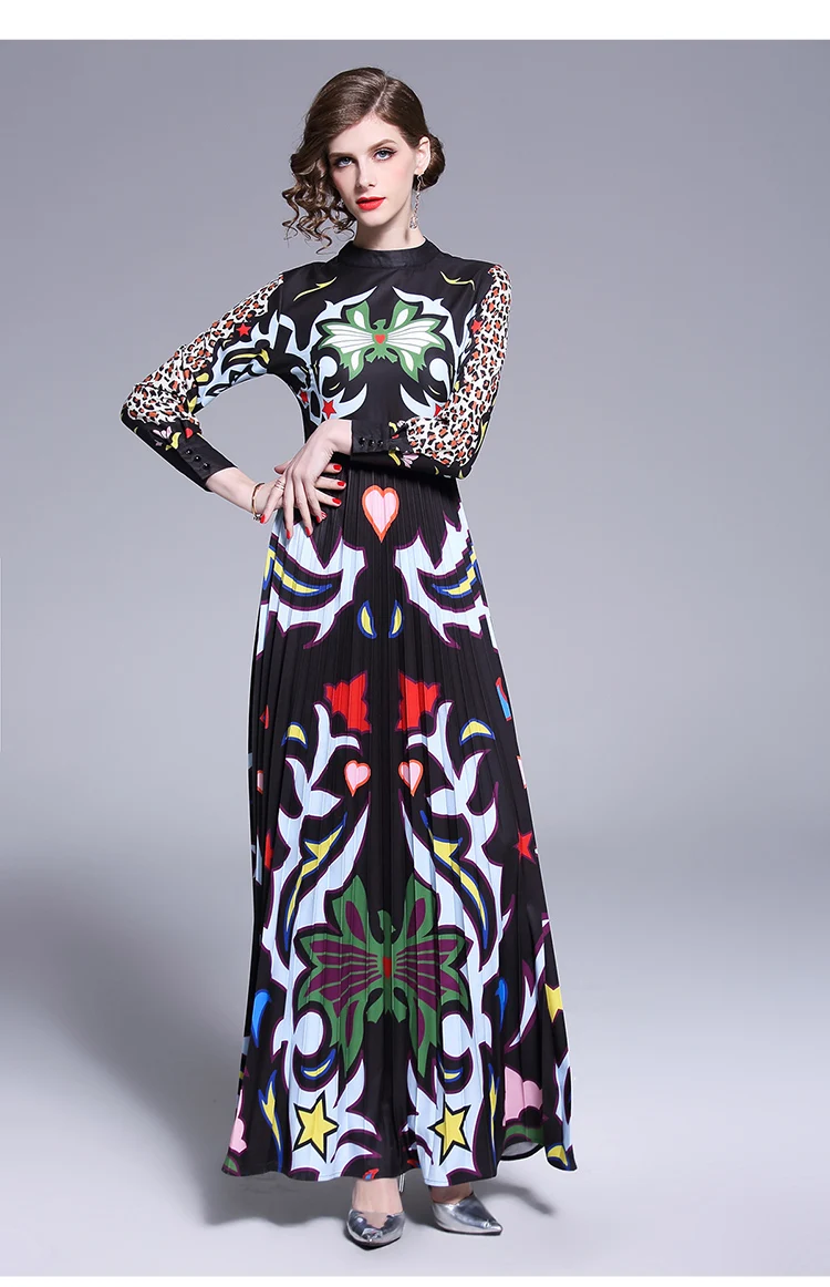 

Women's European fashion spring summer long sleeve leopard print dress female high waist runway slim chic long dress TB922