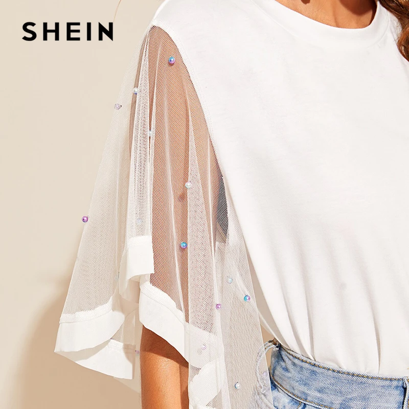 SHEIN Женская Футболка с рукавами-крылышками и жемчужинами, белая однотонная Элегантная футболка с коротким рукавом и круглым вырезом, летние топы