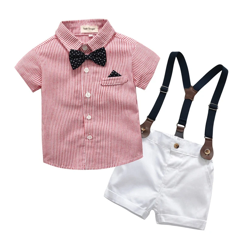 

Children Clothing Boys Summer Clothes Short Sleeve Striped Shirt+White Bibs Shorts 2pcs Suit Kids Clothes Set 0-4 Year