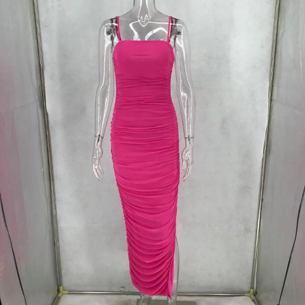 Женское облегающее платье на бретельках с рюшами длинное Сетчатое вечернее