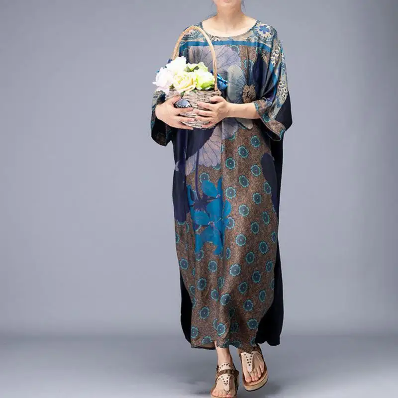 Женское платье с круглым вырезом Johnature свободное винтажное до середины икры