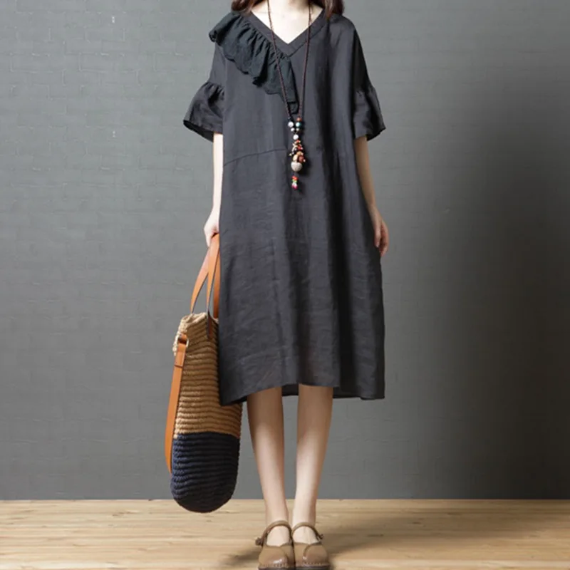 Mferlier Women Artsy Summer Dresses One Side Ruffles V Neck Short Sleeve Solid Casual Loose Female Retro Dress | Женская одежда