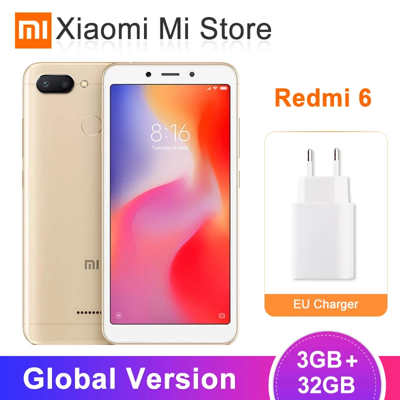 Глобальная версия Xiaomi Redmi 6 3 ГБ 32 мобильный телефон Helio P22 Восьмиядерный 12 Мп + 5 ИИ