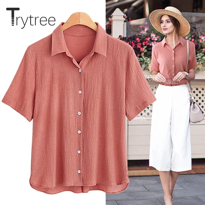 Trytree 2018 Летняя женская блузка Повседневная полиэфирная рубашка с отложным