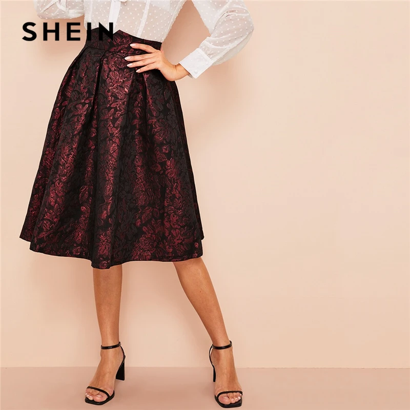 SHEIN винтажная Юбка До Колена с золотым цветочным принтом со средней талией Осенняя элегантная Современная Женская юбка