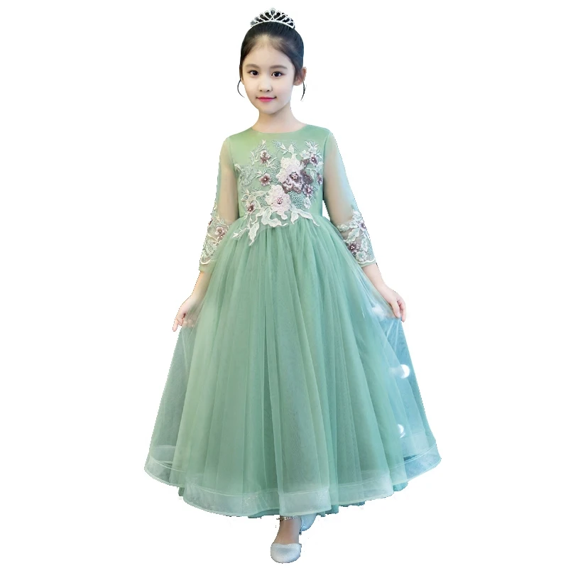 

2021 Elegant luxury Children Girls Embroidery Flowers Piano Host Long Mesh Dress Babies Girls Birthday Evening Party Prom Dress