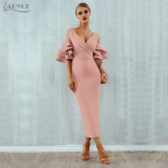 Pink Adyce, новое летнее женское Клубное платье, Vestidos, вечерние платья знаменитостей, желтое, красное, с рюшами, с бабочкой, с коротким рукавом, миди, Клубные платья - Цвет: Pink