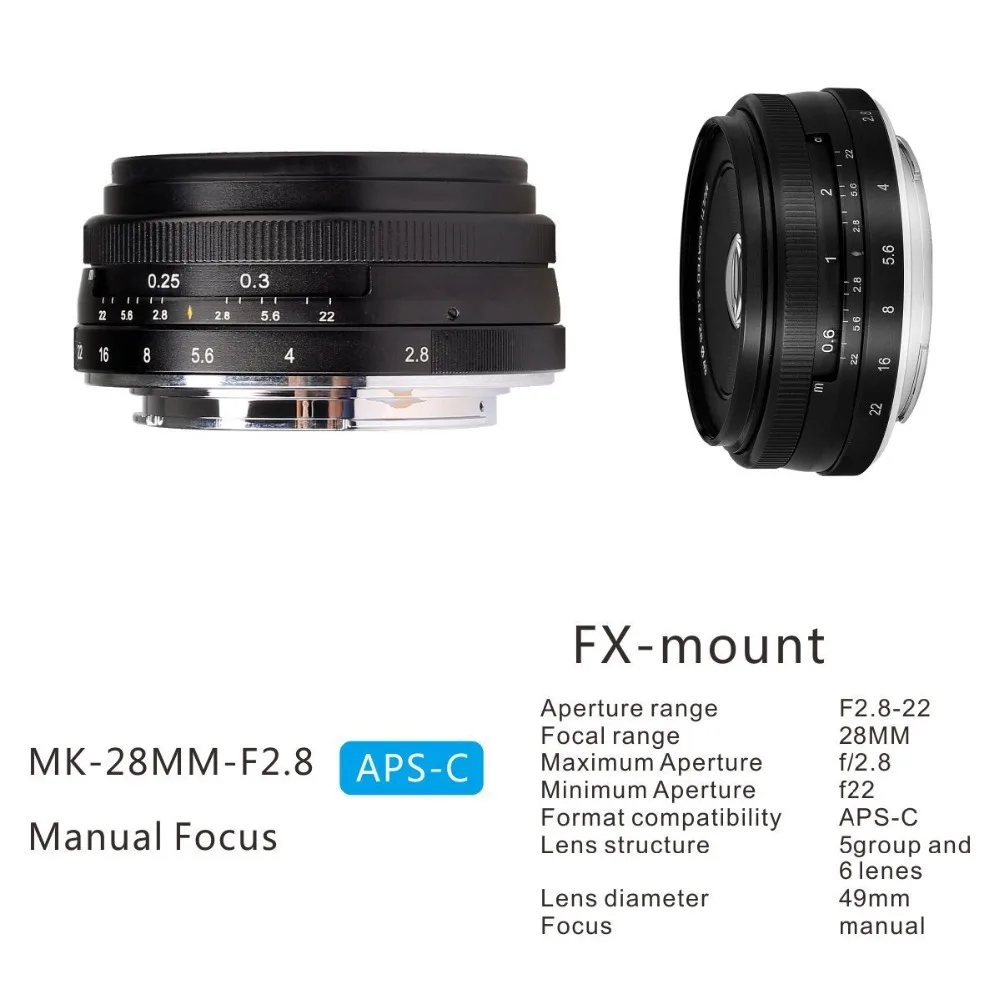 MEKE MK-28-2.8 28 мм f2.8 объектив с большой апертурой ручной фокусировки для fuji X mount беззеркальная камера Объектив для fuji фильм X-A1/A2 X-E1/E2