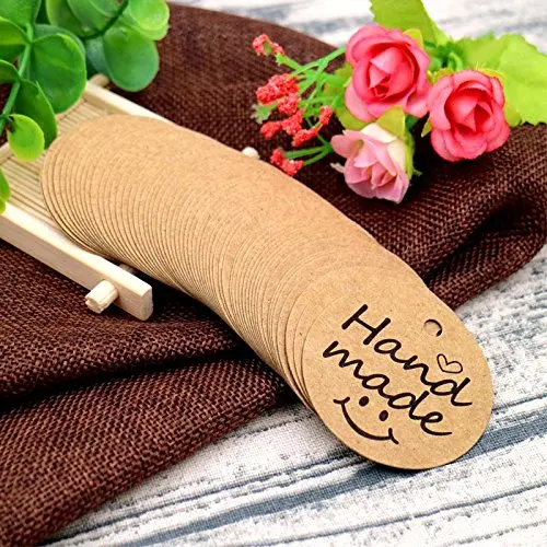 

100pcs brown round "HANDMADE" tags with smiley for wedding party decoration tags Packaging Hang paper Tags stationery price tags