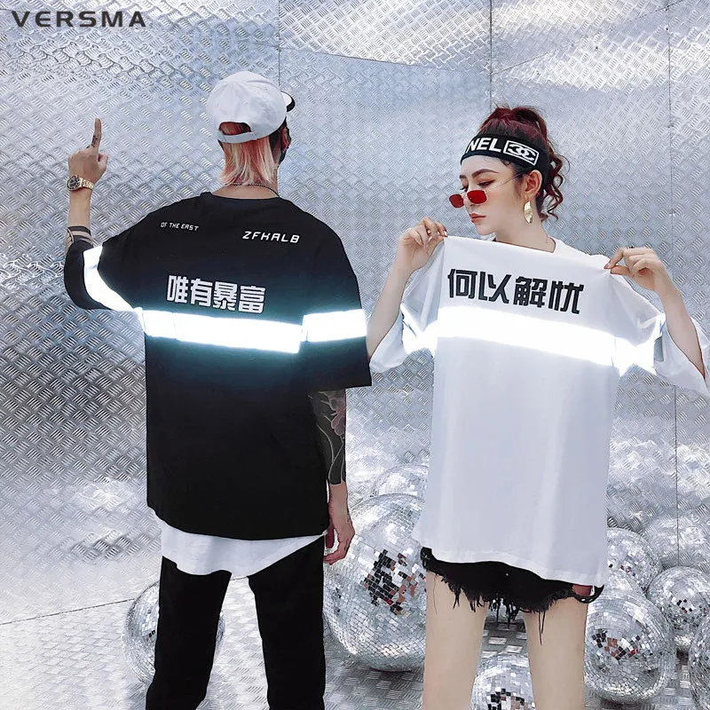 VERSMA корейская Harajuku Светоотражающая светящаяся китайская печатная Футболка мужская летняя Высокая улица K поп винтажная парная Футболка мужская