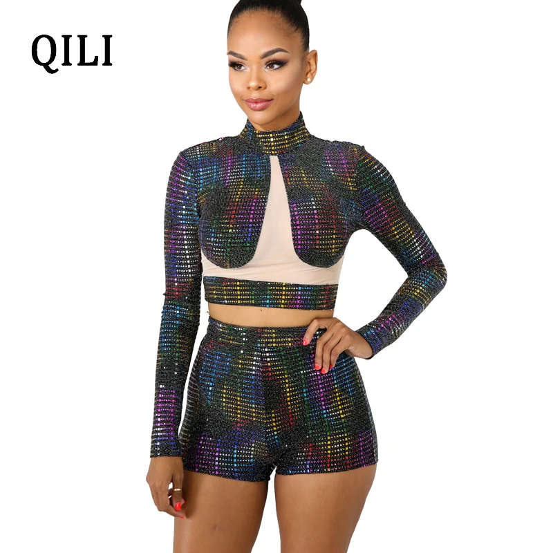 QILI Flash Sequined Комбинезоны женские комбинезоны с длинным рукавом из 2 частей Сетки