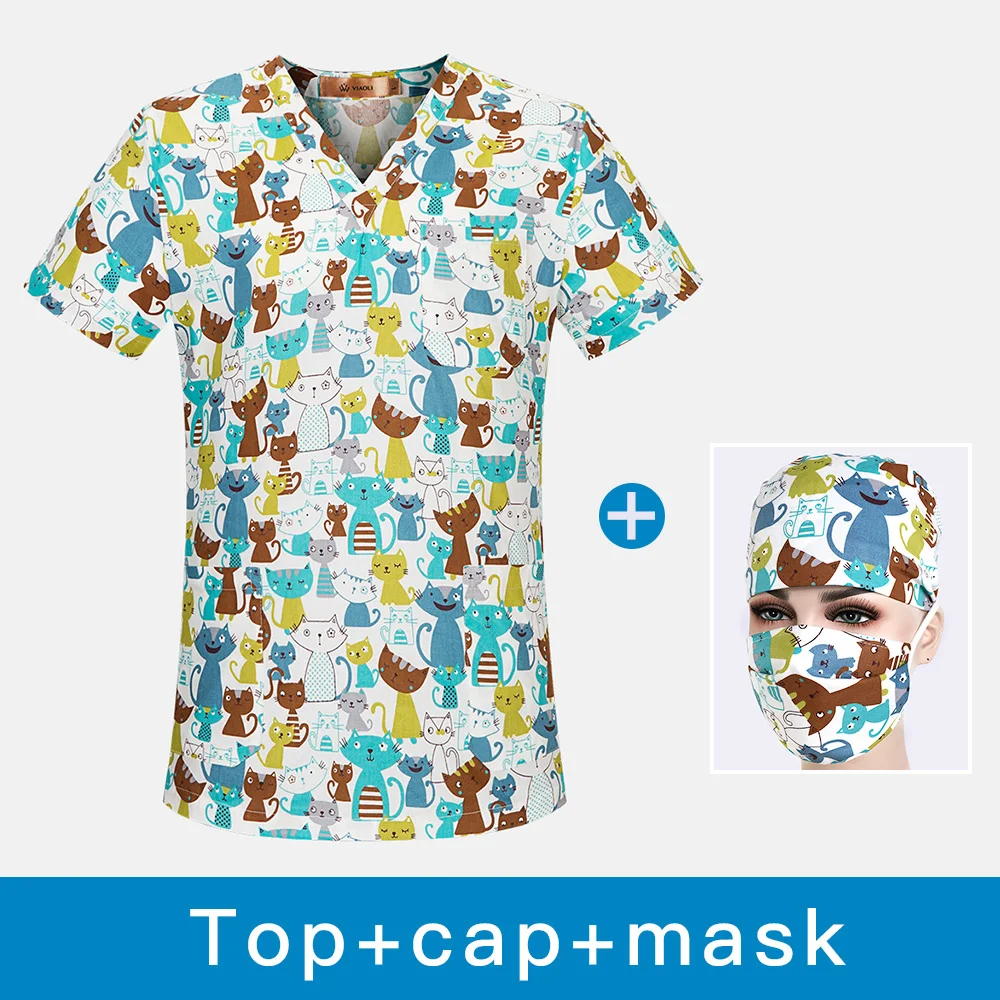Unisex Medical nursing scrubs uniform Cartoon printing Dentistry pharmacy work clothes pet Nurse doctor set Beauty salon uniform - Цвет: top cap mask