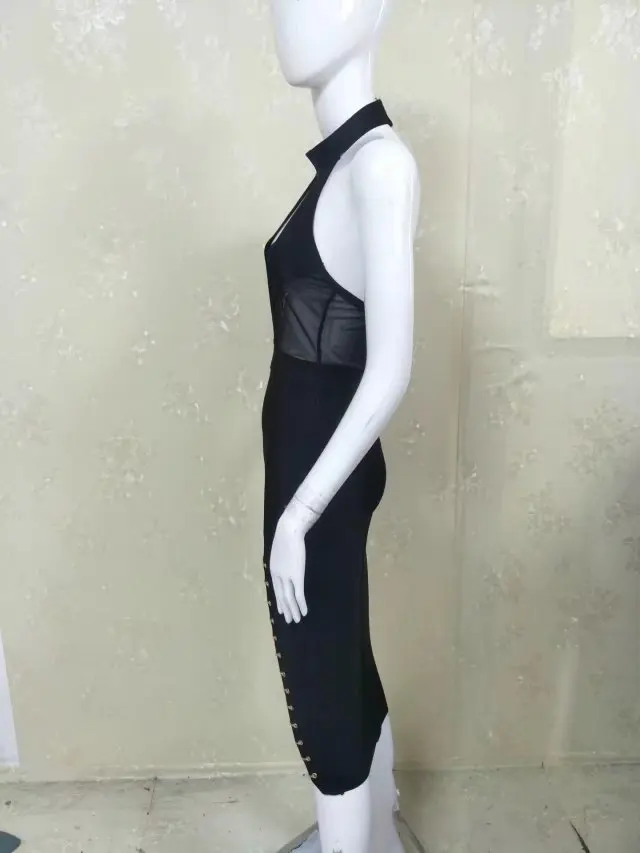 Женщины без рукавов спинки до колена Длина Холтер Черный район Bodycon бинты Dress