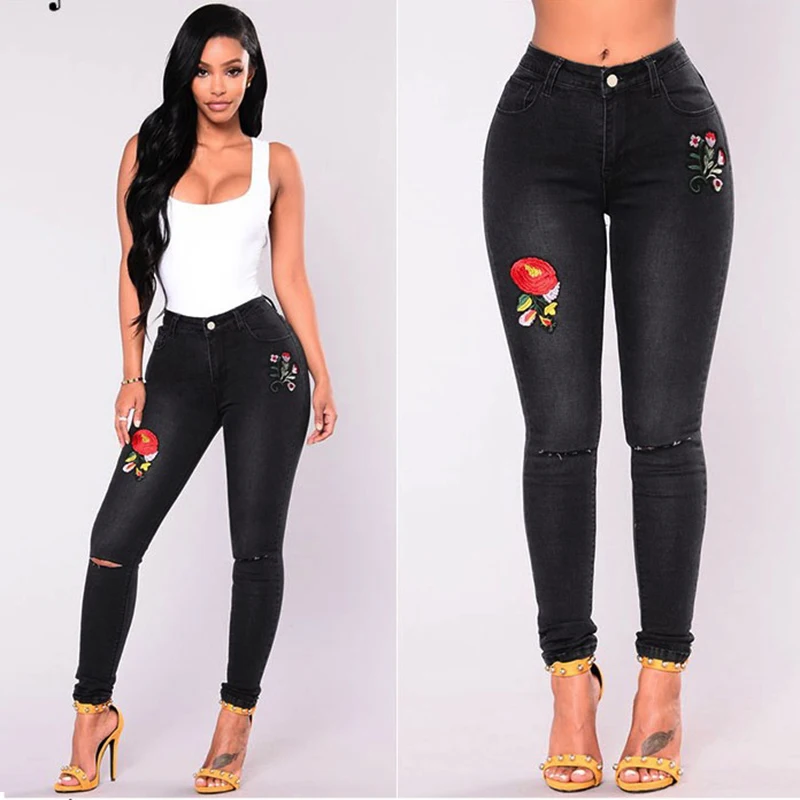 Длинные женские классические джинсы с высокой талией Узкие синие джинсовые