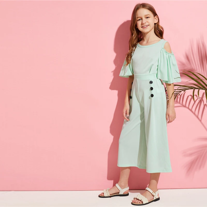 SHEIN/детский однотонный повседневный комбинезон с открытыми плечами и пуговицами сбоку для девочек; коллекция года; сезон лето; свободные длинные Комбинезоны на молнии с рукавами-воланами