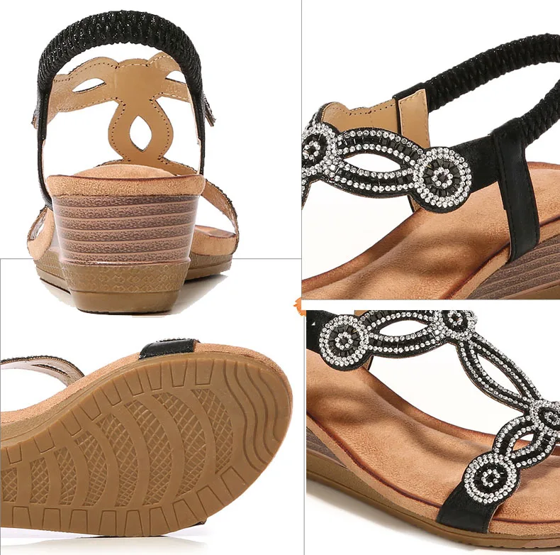 LIHUAMAO/сандалии на танкетке в богемном стиле Серебряные со стразами Слипоны