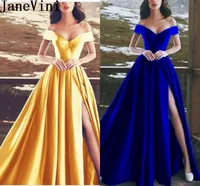 JaneVini Sexy Split Red Carpet Dress Royal Blue Satin Long Prom Dresses 2019 Off Shoulder Party Evening Gowns Gala Jurken Dames