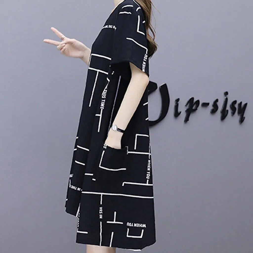 2019 Fashion Womens Plus Size Casual Beauty Daily Loose O-neck Short Sleeve Printing Round Collar Dress Vestidos De Verano 50 | Женская