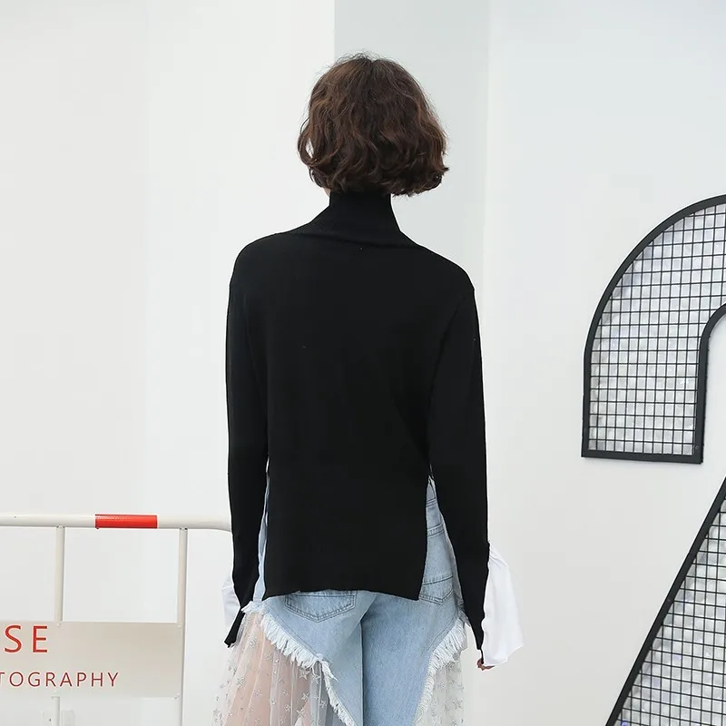 TWOTWINSTYLE Turtleneck Sweater Female Flare Sleeve Irregular Ruffles Patchwork Draped Knitted Pullover Women Autumn Clothing | Женская