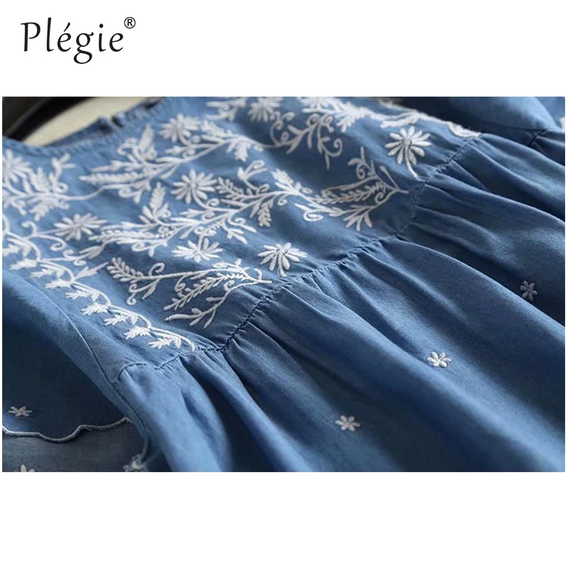 Летнее джинсовое платье Plegie из тенсела женское мягкое рубашка с вышивкой и