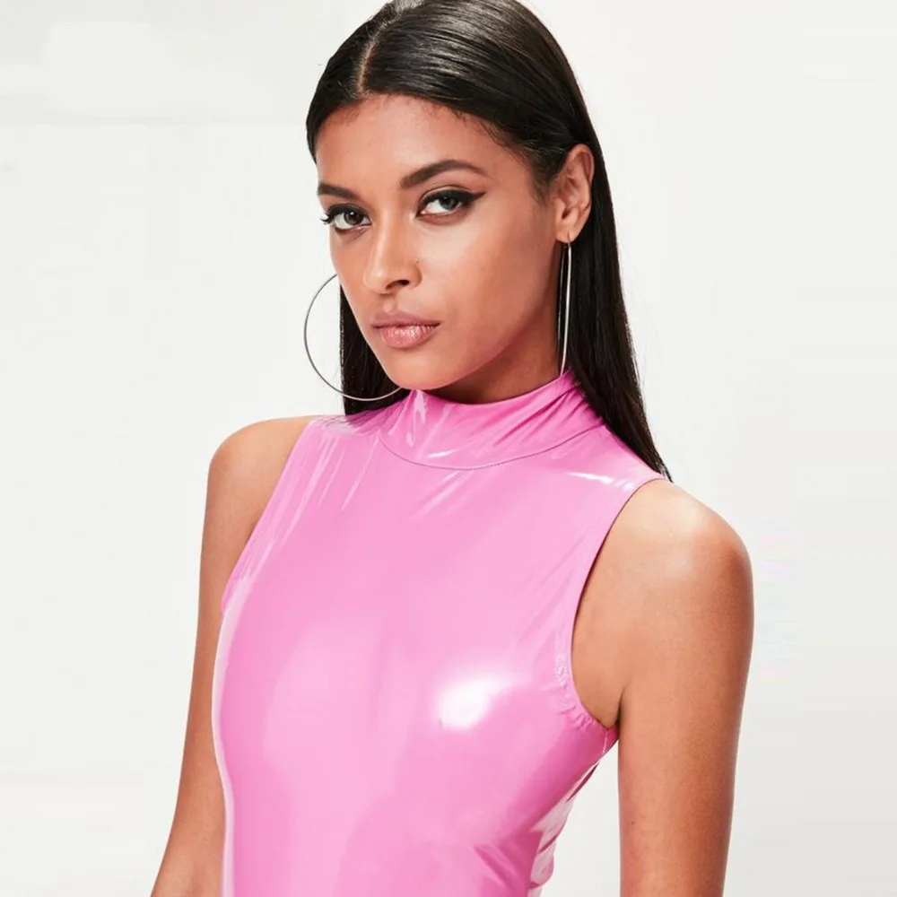 Новое модное розовое платье из искусственной кожи 2018 года сексуальные женщины яркого цвета, на молнии, без рукавов, с облегающей спинкой.