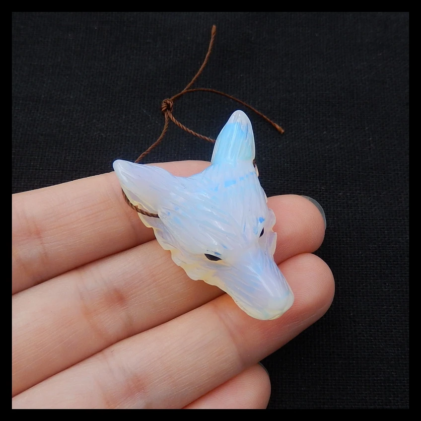 

Support the customization of Handcarved Wolf Head Natural Stone Opalite Animal Side Drilled Necklace Pendant 36x25x13mm 10.9g