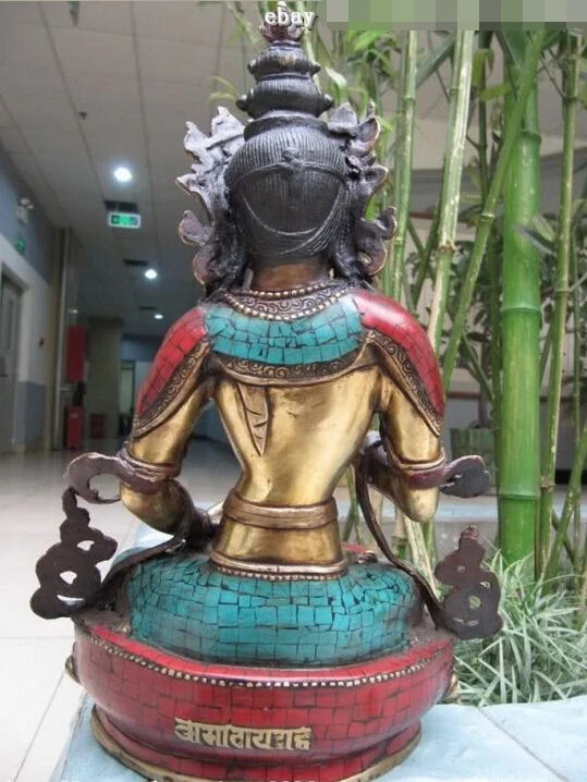 Тибетская медная бронзовая инкрустация коралловый бирюзовый статуя Будды