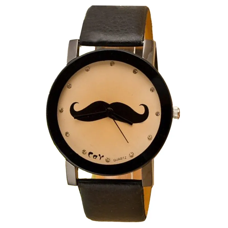 Новые мужские часы с милыми усами женские повседневные кристаллами кожаные