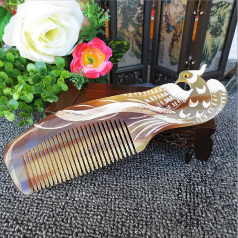 2 шт. Феникс дизайн натуральный рог буйвола гребень для волос массаж широкий зуб