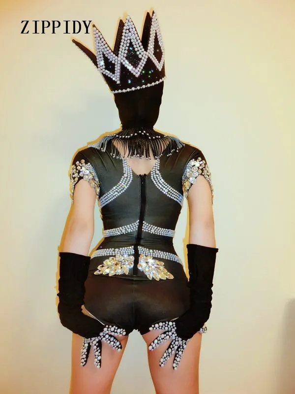 Hollow Bling Crystals Bodysuit Diamonds Sparkly Headpiece Outfit Sexy Stage Performance Women Costume Singer Birthday Wear