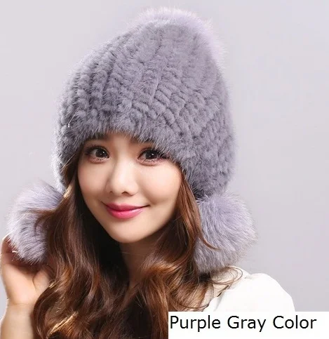 purple gray Меховая шапка из натуральной норки осень зима черный/белый/серый женский вязаный ушной протектор натуральный мех шапка с помпонами норки и лисы H919 - Цвет: purple gray