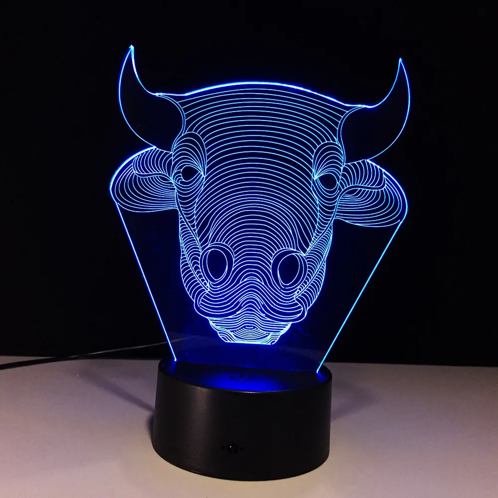 Светодиодная 3D лампа в виде бычьей коровы 7 цветов сенсорный Настольный