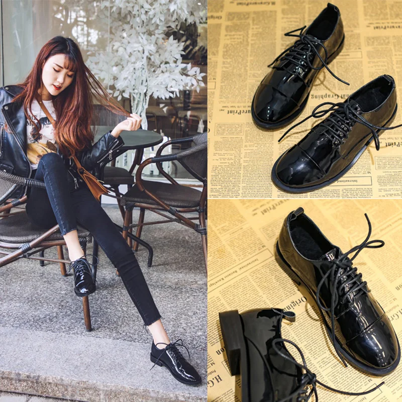 Женские туфли оксфорды из лакированной кожи на плоской подошве с перекрестными ремешками дизайнерские