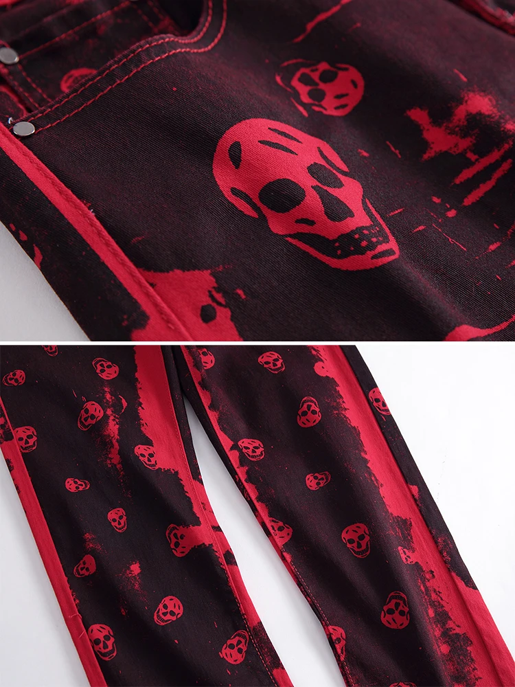 Sokotoo Men's skull printed red denim jeans Plus size fashion slim fit pattern painted stretch pants | Мужская одежда