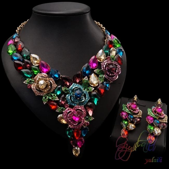 

Yulaili Hot Selling Cubic Zircon Gold Color Copper Jewelry Sets Women Rose Flower Necklace Earrings Jewelry Party Gifts