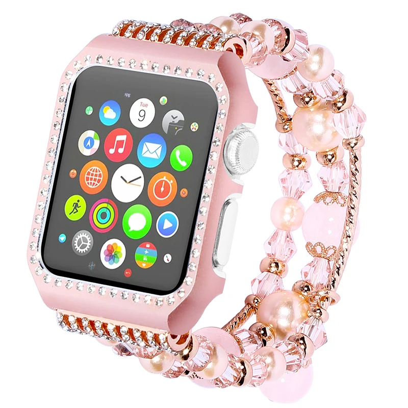Ремешок из агата с рамкой для Apple watch series 5 4 3 2 1, эластичный браслет ручной работы из бисера, сменный ремешок на запястье 38 мм 42 мм