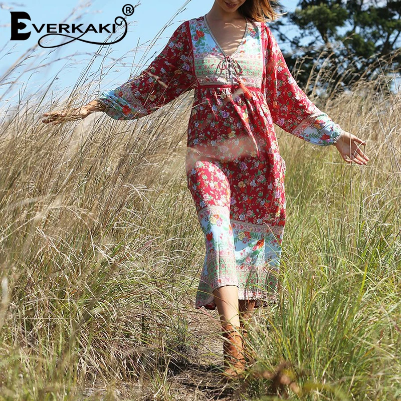 Everkaki Boho платье с цветочным принтом женское Цыганское Платье v образным вырезом и
