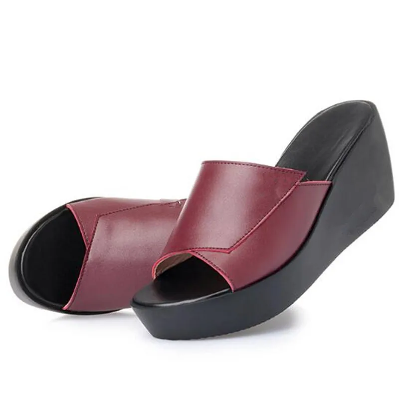 

2019 New Open Toe Cowhide Summer Sandals Platform Slippers Shoes Woman Wedges Sandals Woman Shoes Elegant Comfort Women Slippers