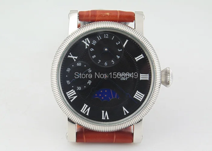 Роскошные часы Parnis 43 мм с черным тисненым циферблатом ручным намоткой GMT 6497 E264|watch