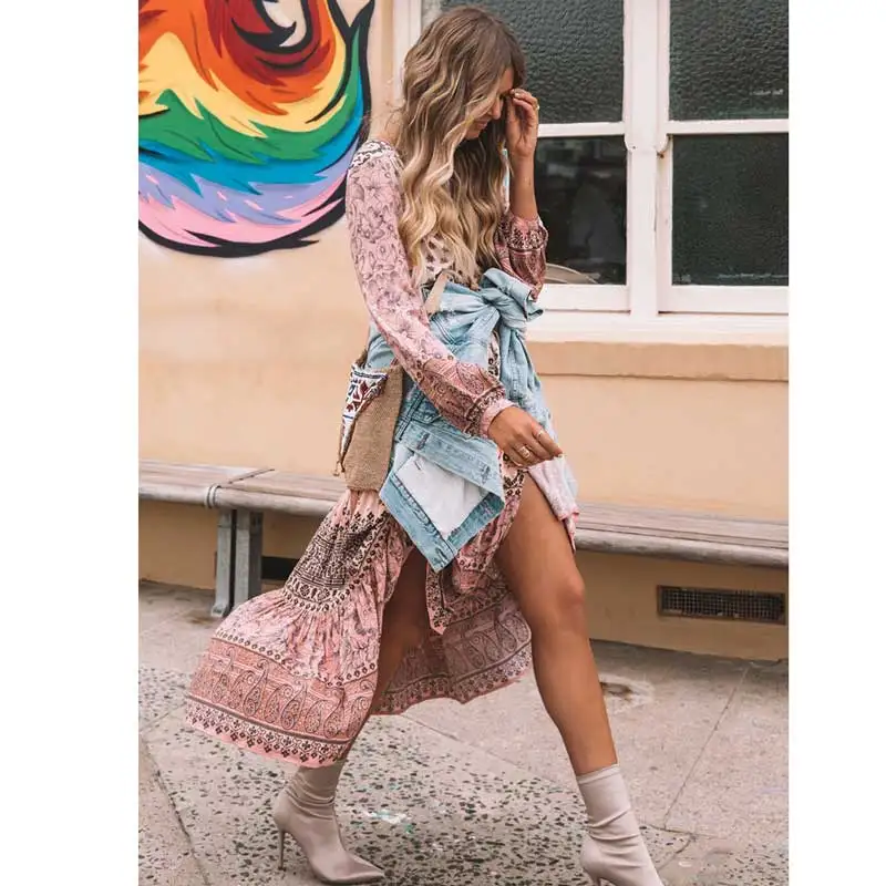 BOHO INSPIRED rayon богемное Цветочное платье с длинным рукавом кулиской на талии длинное