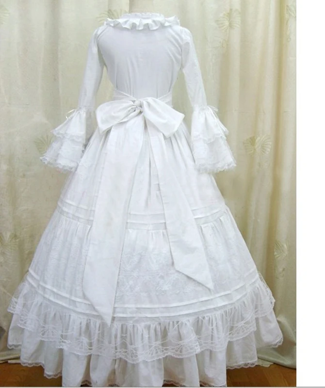 

Classic White Cotton Gothic Victorian Dresses Square Collar Long Flare Sleeve Bow Solo Belle Ball Gowns For Women
