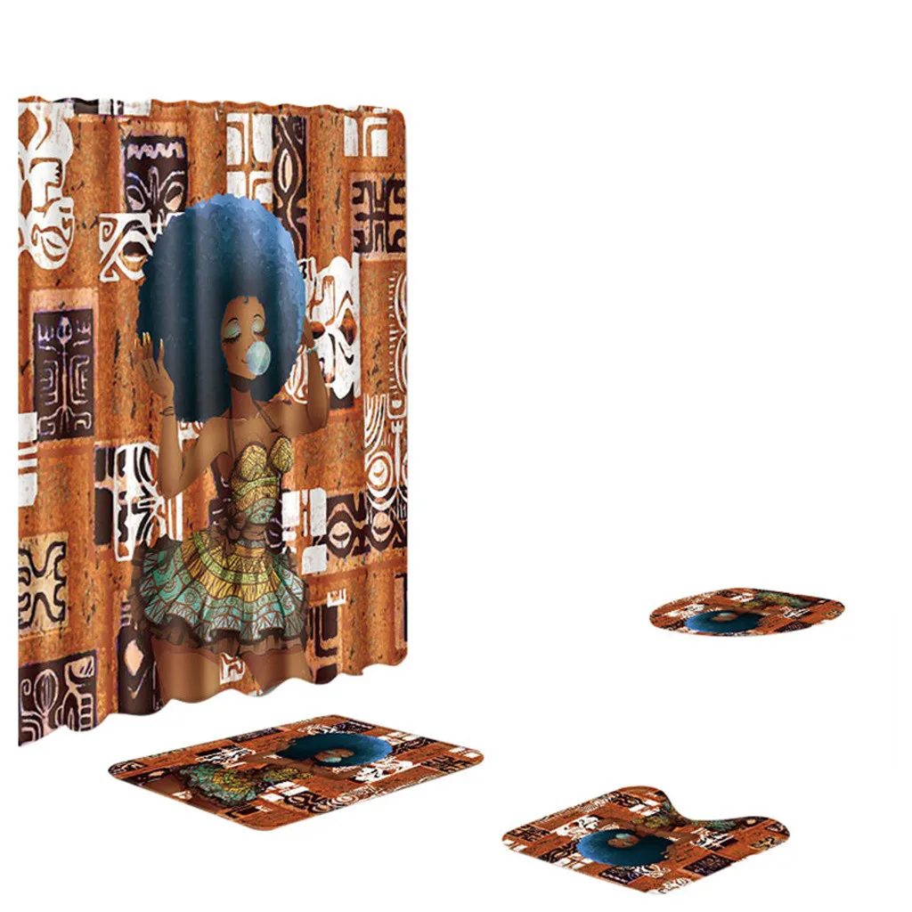 Ouneed 4PCS set Creative african girls prints Bathroom Shower Curtains set Non Slip pattern Toilet Shower curtains Cover Mat set