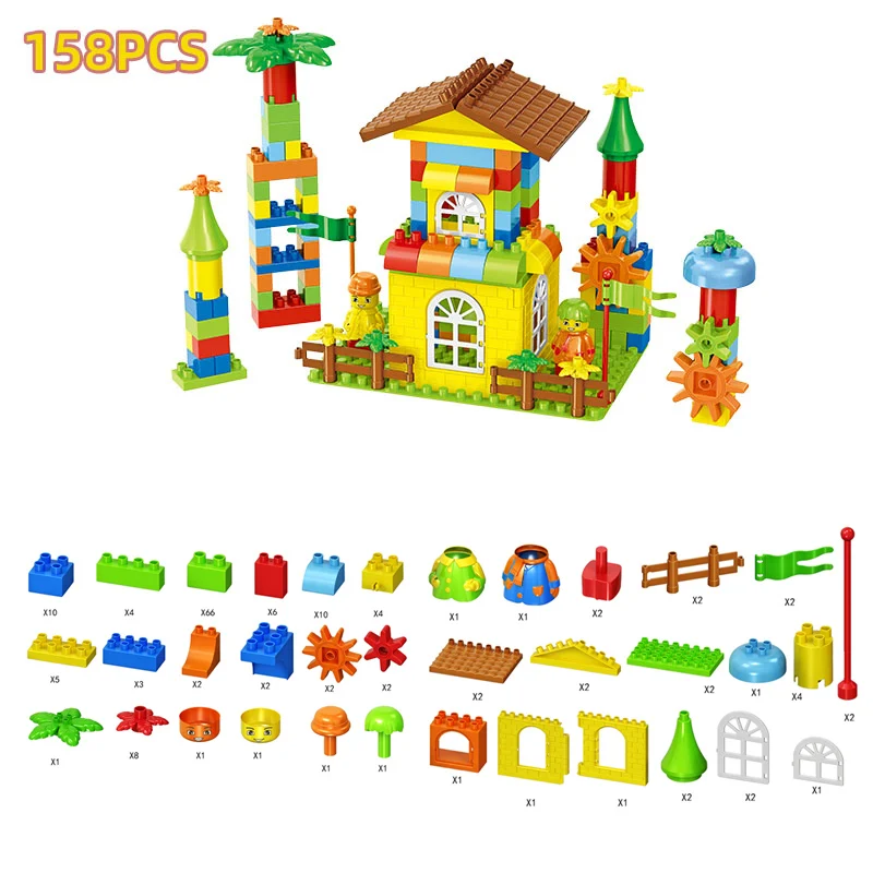 158pcs DIY красочный городской дом на крыше шестерни животных большие строительные блоки замок Развивающие игрушки для детей совместимы кирпичная горка - Цвет: 158pcs