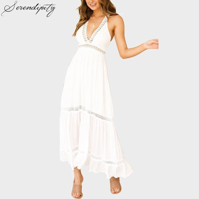 SRDP Бохо белое Летнее платье сексуальное женское с v-образным вырезом без рукавов