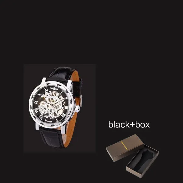 black box Новинка, Лидер продаж, механические Брендовые мужские часы-Скелетон с ручным заводом, Мужские модельные модные часы, стильные часы черного, золотого, синего цвета, кожаный ремешок - Цвет: black box